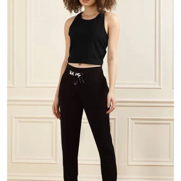 DKNY SPORT - MWT - L Sz XL Racerback Metallic Logo Cropped Tee in Black - Picture 2 of 15